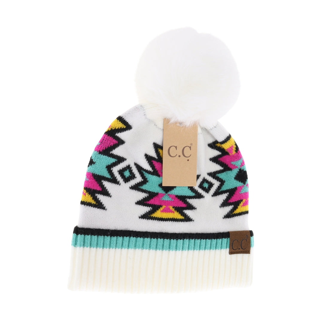 Southwestern Faux Fur Pom Beanie